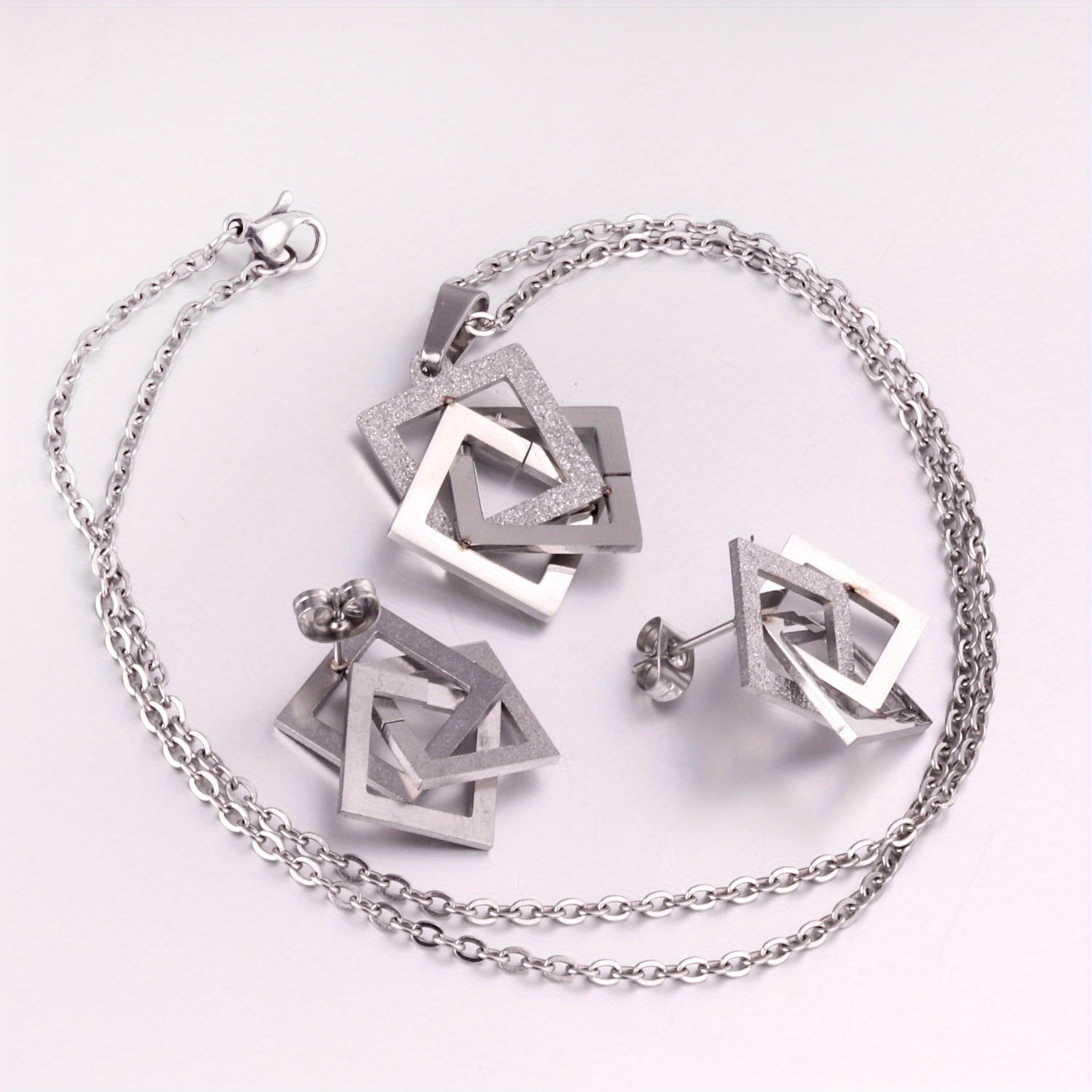 3pcs Set Square Necklaces and Stainless Steel Earrings for Everyday Wear